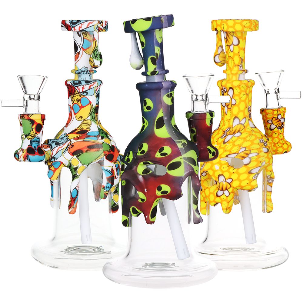 Masked Silicone & Glass Water Pipe - 7.5" / 14mm F / Colors /Designs Vary