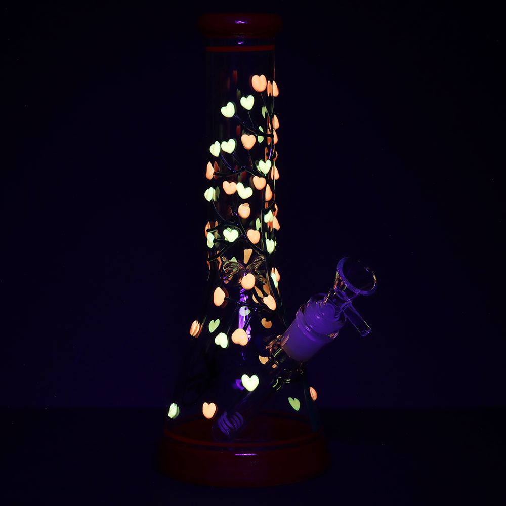 Pulsar Branching Hearts Glow in Dark Beaker Glass Water Pipe - 10" / 14mm F
