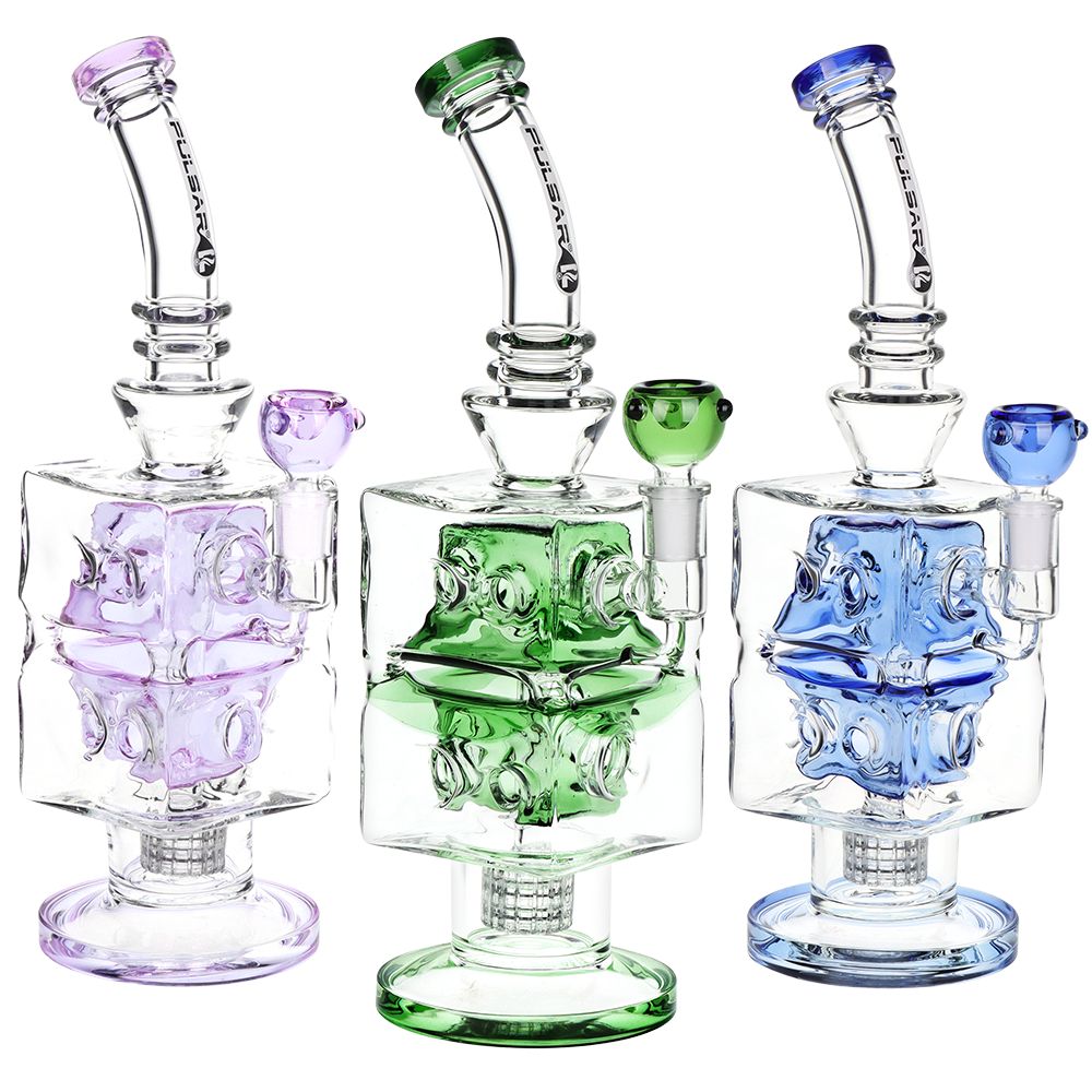 Pulsar Double Swiss Perc Blocks Glass Water Pipe - 12.5" / 14mm F / Blue