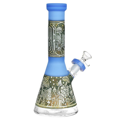 Mushroom Melange Etched Beaker Glass Water Pipe - 9" / 14mm F