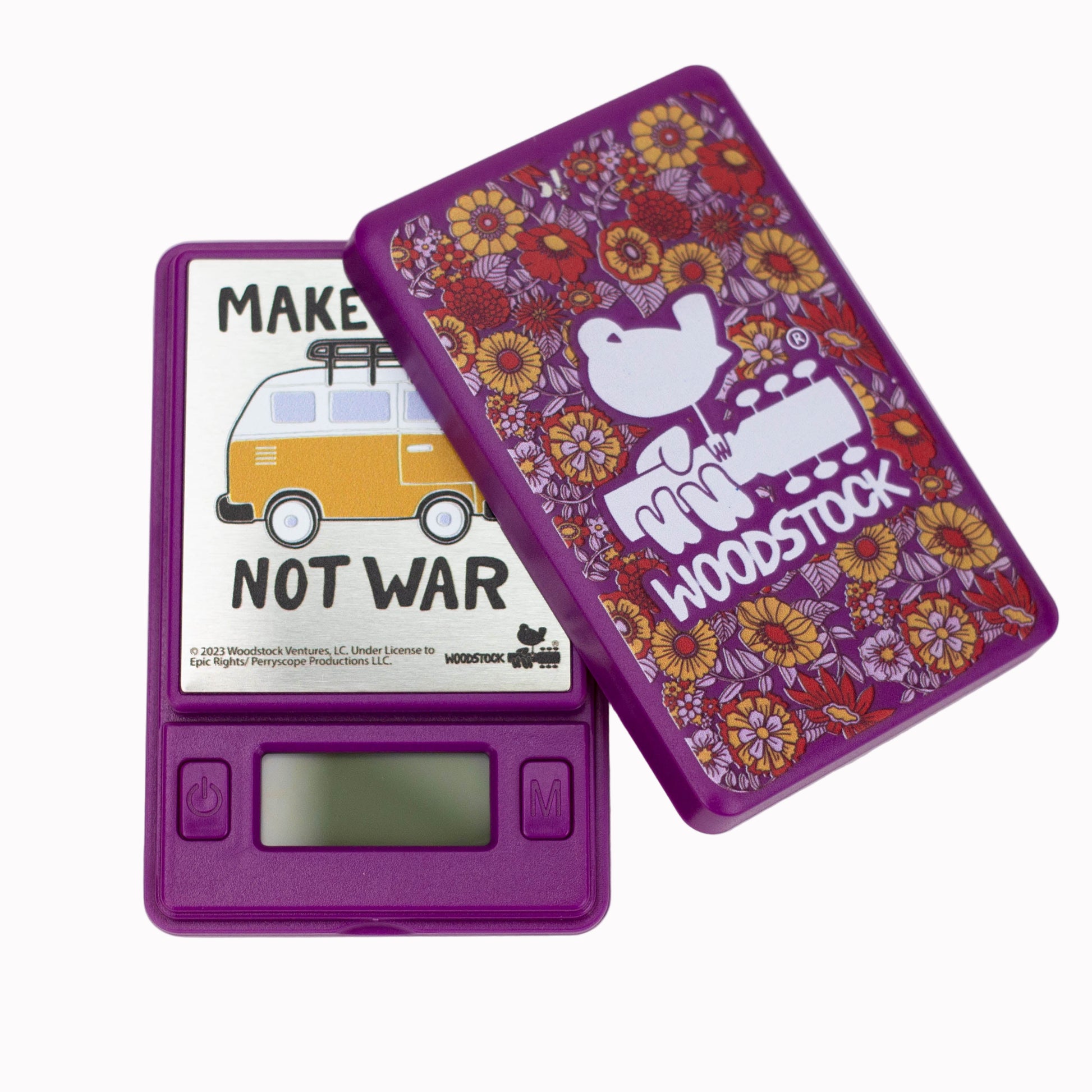 Purple electronic device with a Woodstock-themed design on a white background
