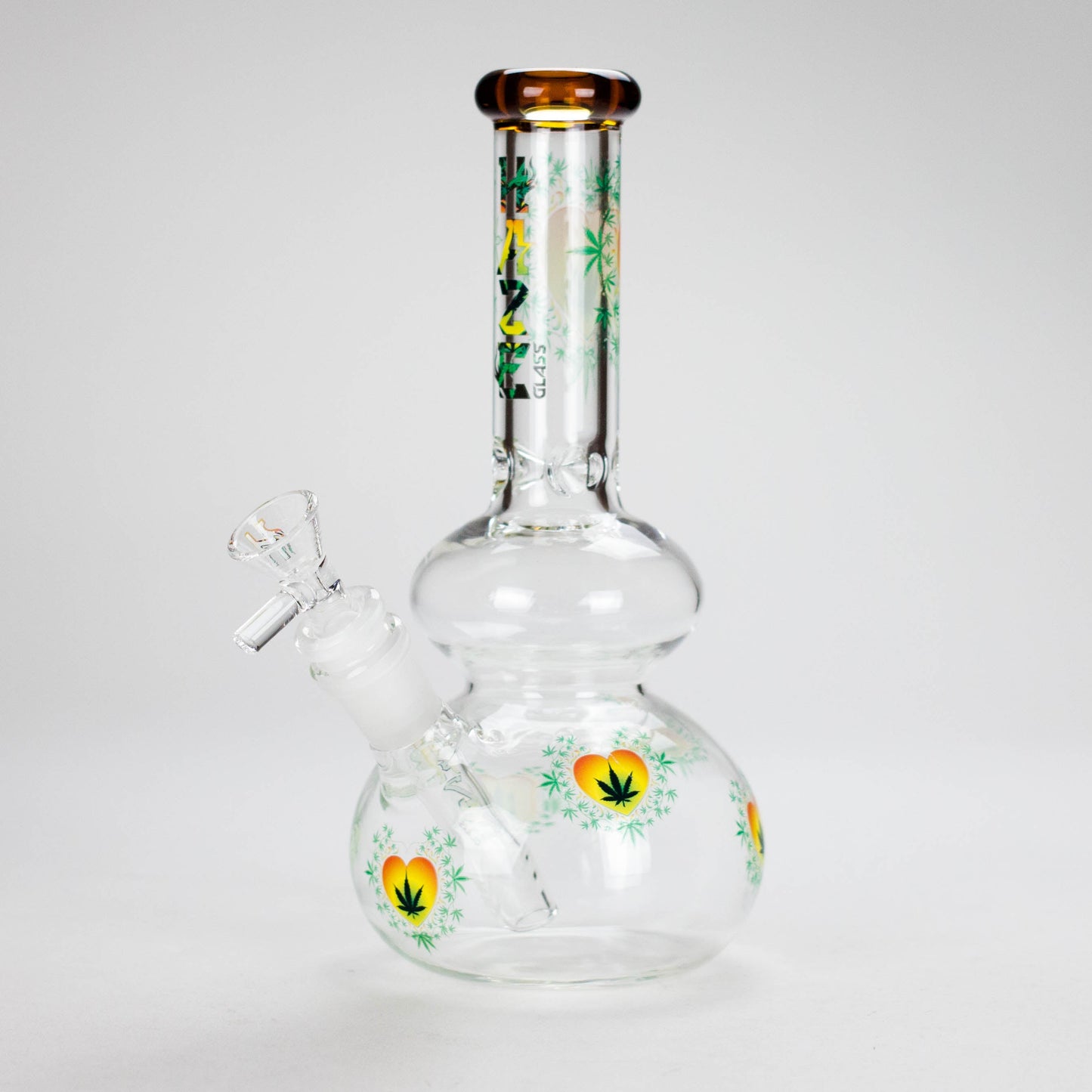 Haze | 9″ Heart Leaf Double Bubble Base Glass Bong with Color Lip – Amber (Mini-U)