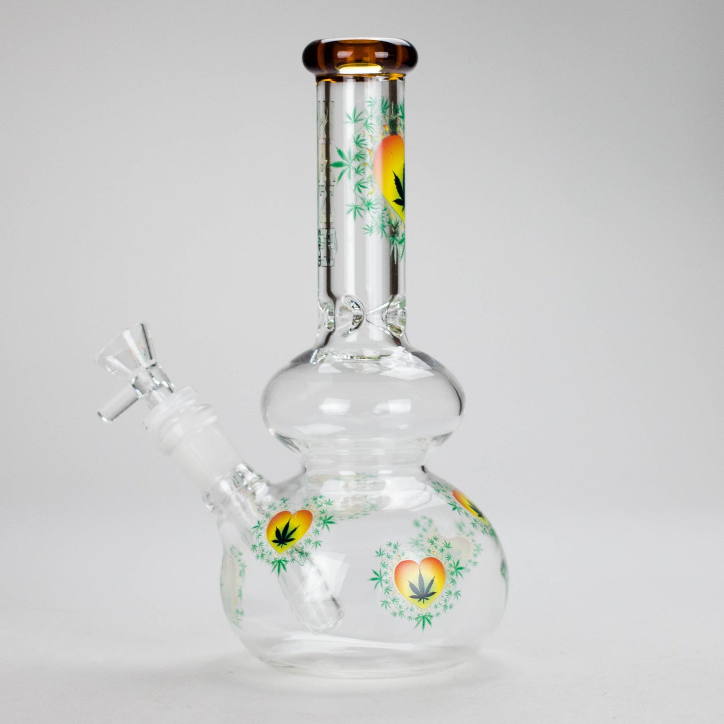 Haze | 9″ Heart Leaf Double Bubble Base Glass Bong with Color Lip – Amber (Mini-U)