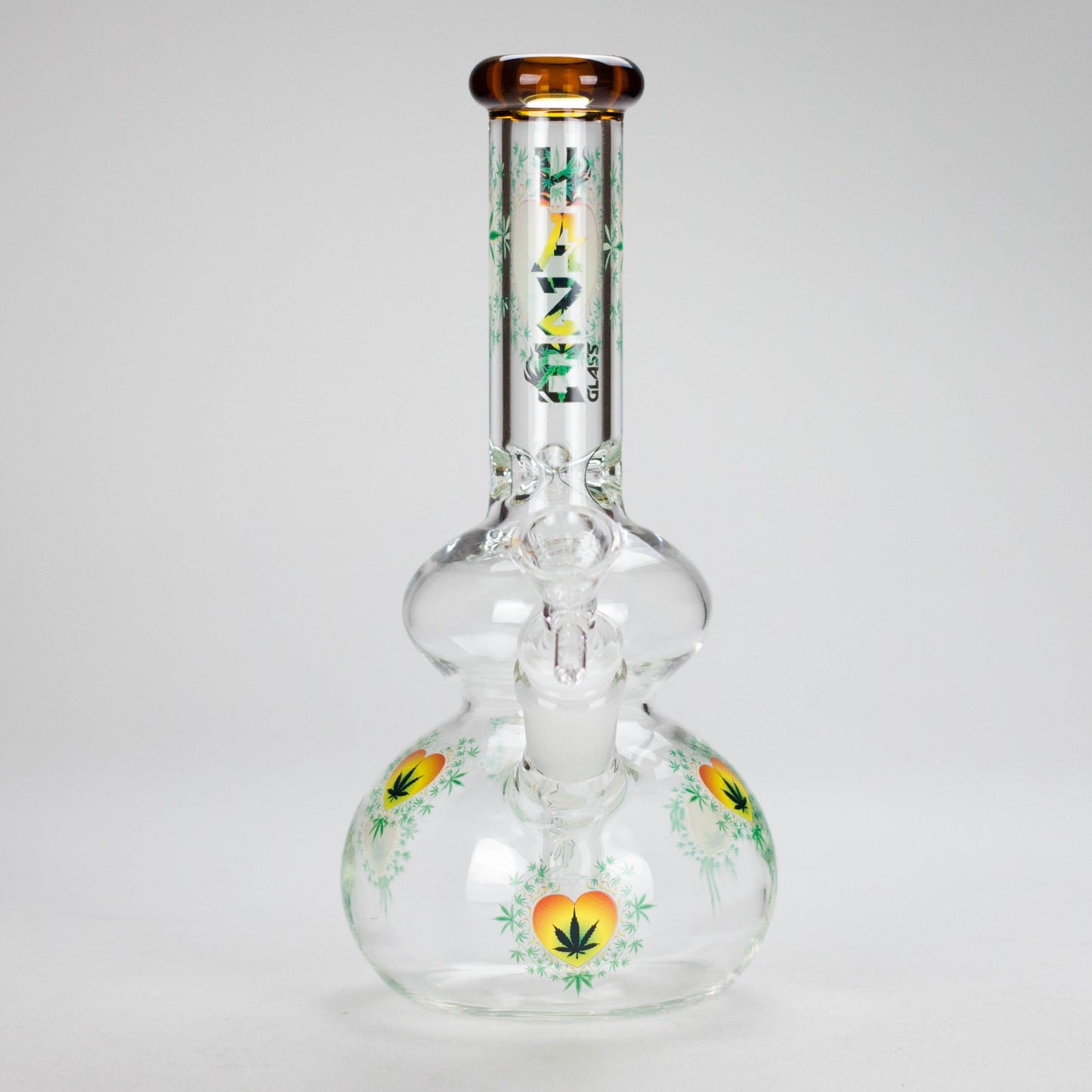 Haze | 9″ Heart Leaf Double Bubble Base Glass Bong with Color Lip – Amber (Mini-U)