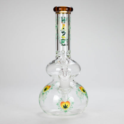 Haze | 9″ Heart Leaf Double Bubble Base Glass Bong with Color Lip – Amber (Mini-U)