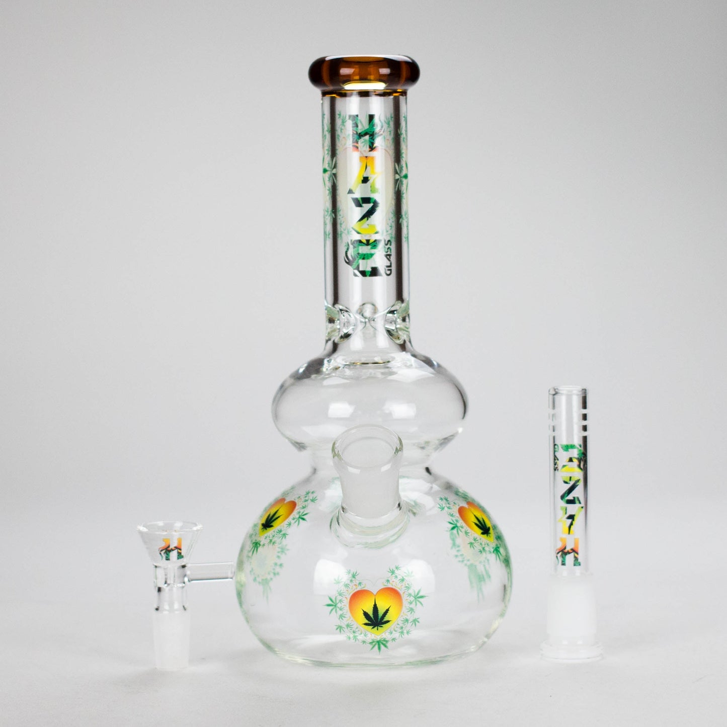 Haze | 9″ Heart Leaf Double Bubble Base Glass Bong with Color Lip – Amber (Mini-U)