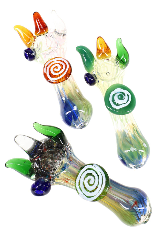 Color-Changing Silver Fumed Spiked Glass Hand Pipe “Spike Show” – 5″ – Assorted