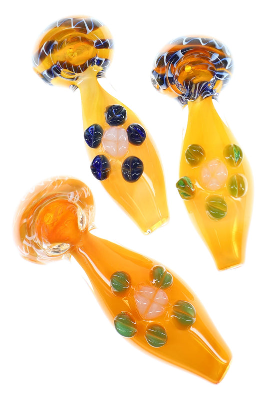 Gold Fumed Spoon Glass Pipe “Sunny Bloom” – Flower Marbles – Assorted Colors