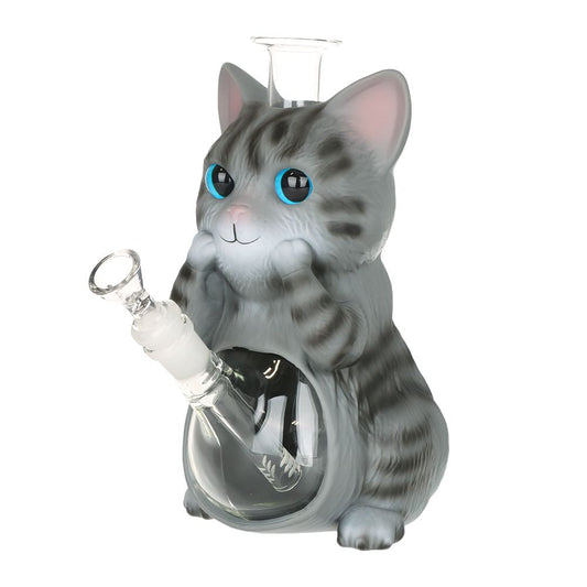 Grey Tabby Cat Glass & Vinyl Water Pipe - 9" / 14mm F