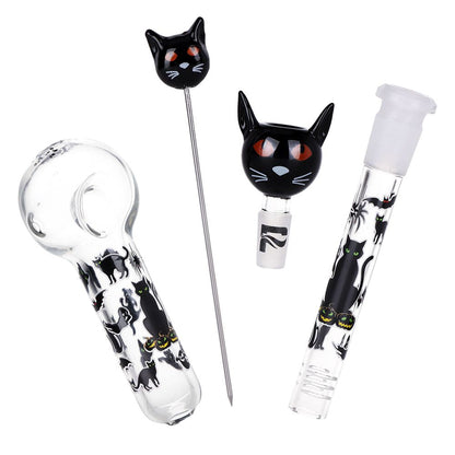 Pulsar Superstitious Kitty GLOW Glass Herb Pipe Duo - 9.75" / 14mm F