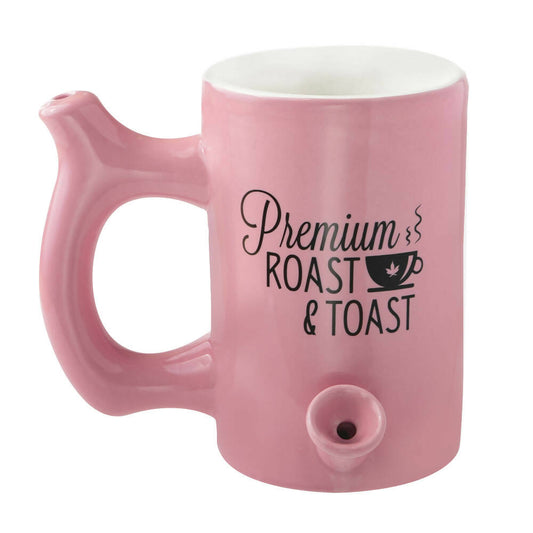 PINK ROAST & TOAST PIPE MUG WITH BLACK PRINT