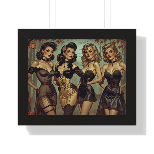 Spooky Beauties Retro Glam Framed Poster, Vintage Halloween Decor, Pin-Up Style