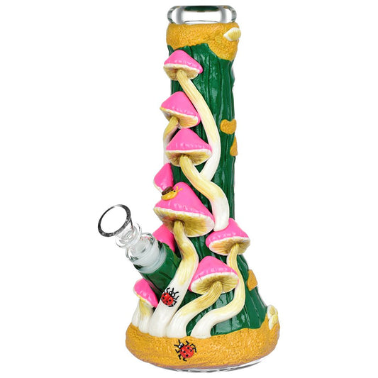 Mushroom Madness Glow in Dark Glass Beaker Water Pipe - 10" /14mm F/ Colors Vary