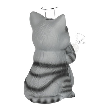 Grey Tabby Cat Glass & Vinyl Water Pipe - 9" / 14mm F