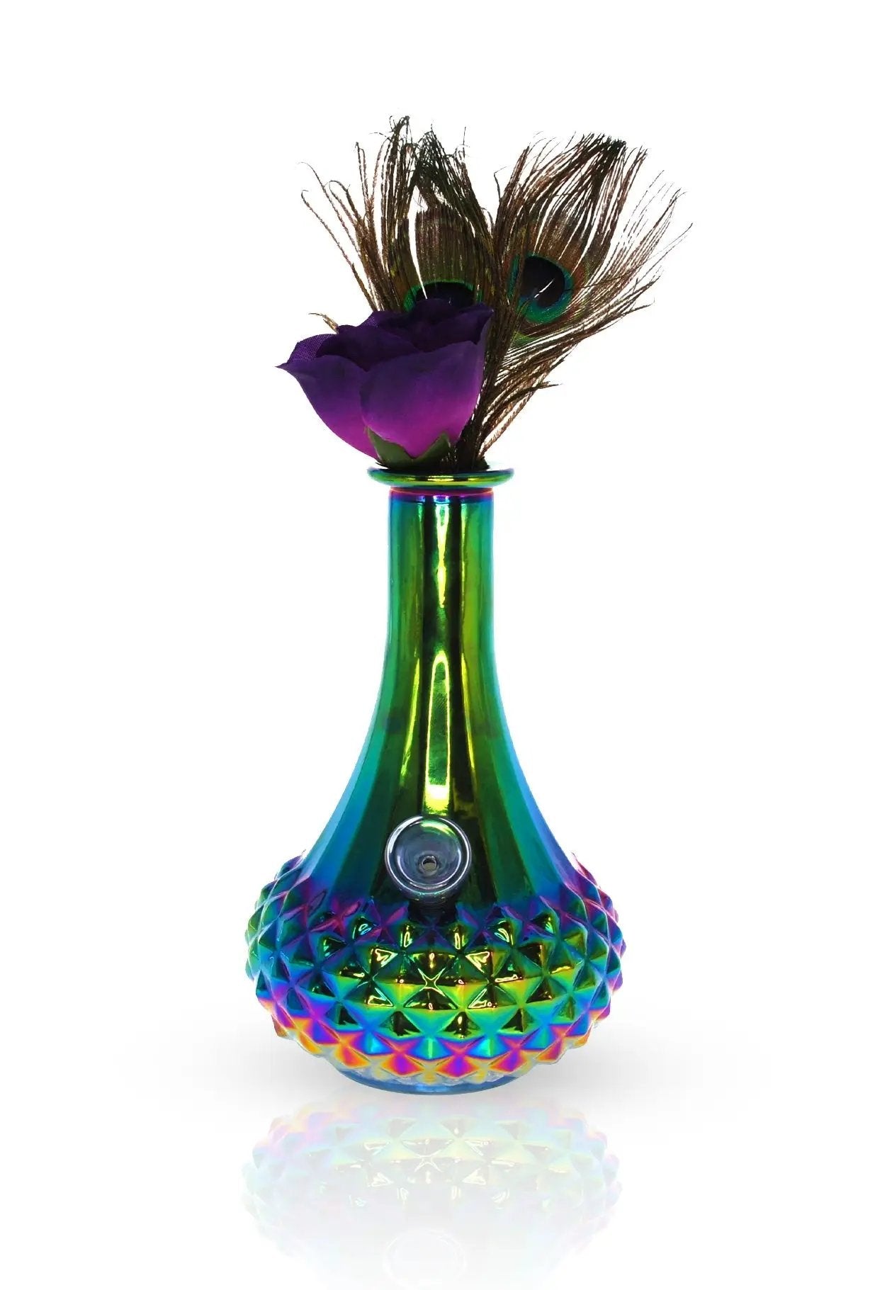 Aurora Iridescent Vase Bong with peacock feather and purple rose