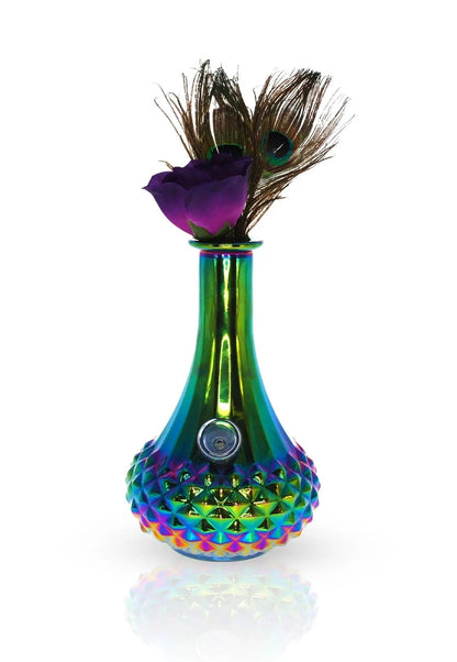 Aurora Iridescent Vase Bong with peacock feather and purple rose