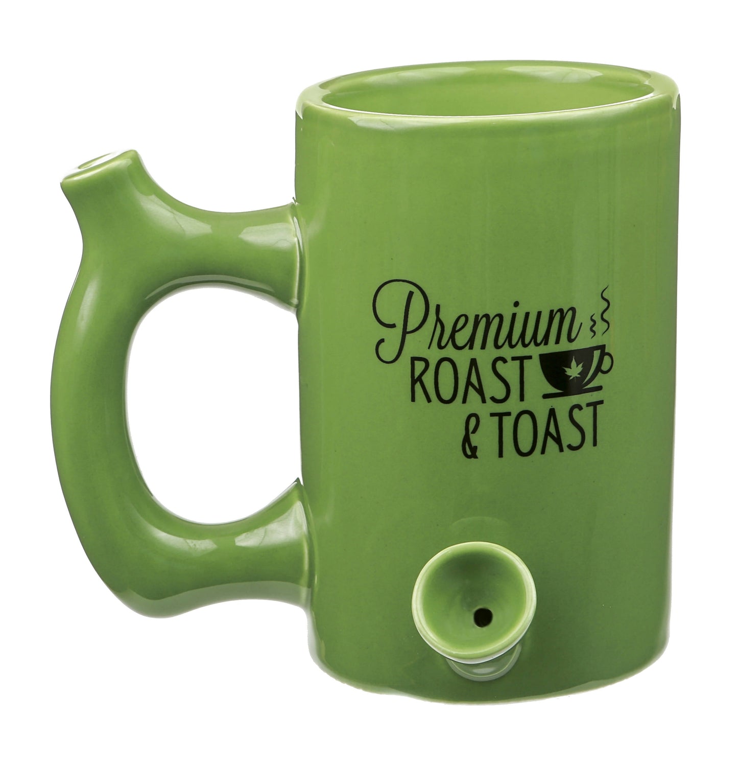 GREEN ROAST & TOAST PIPE MUG WITH BLACK PRINT