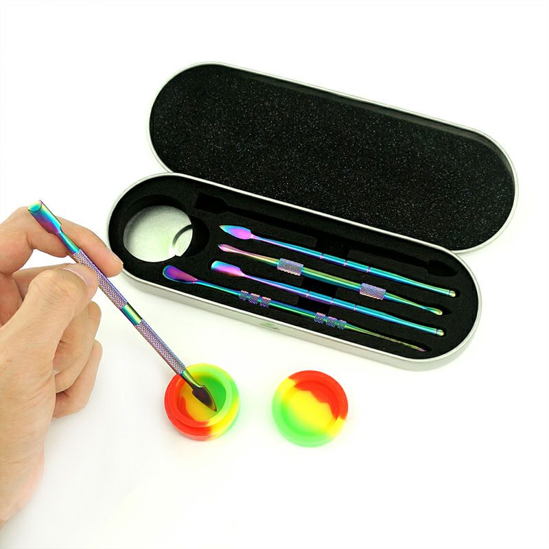 Stainless Steel Dabber Tool Set - 6 Pc Tool Kit- 440 Stainless Steel & Rainbow Silicone jar