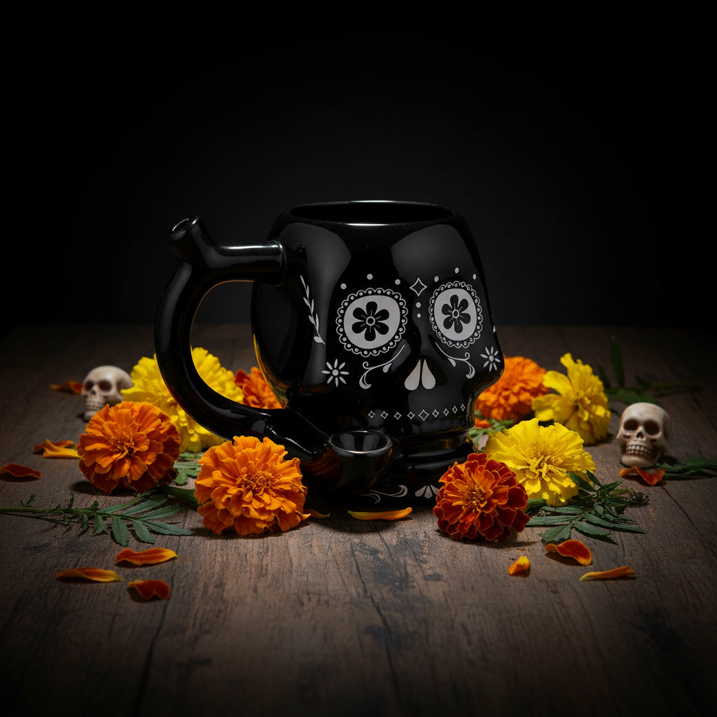 Black sugar skull mug with white designs on a white background