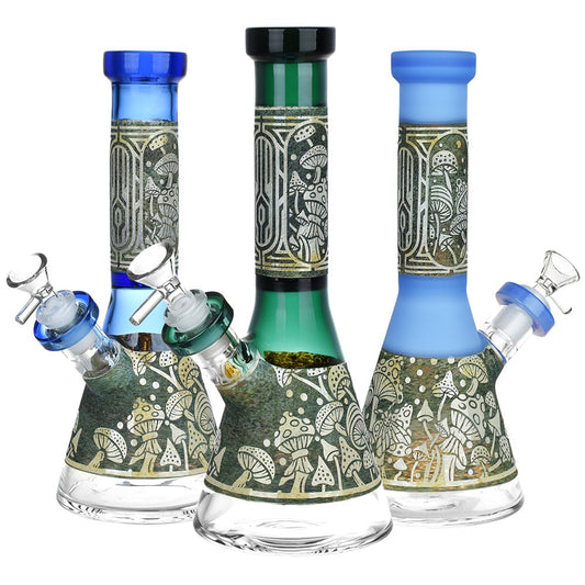 Mushroom Melange Etched Beaker Glass Water Pipe - 9" / 14mm F