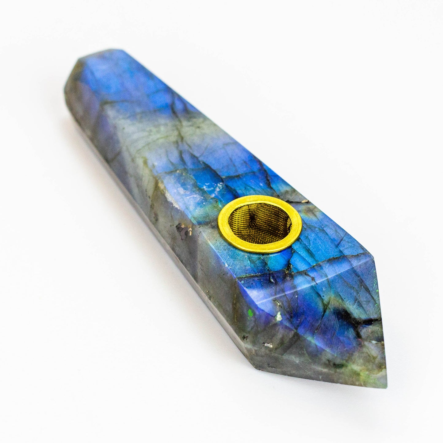 Acid Secs - Natural Labradorite FLASH Smoking Pipe with choke hole