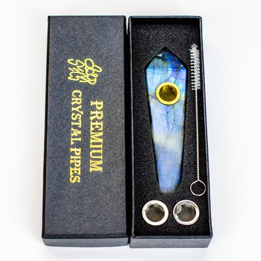Acid Secs - Natural Labradorite FLASH Smoking Pipe with choke hole