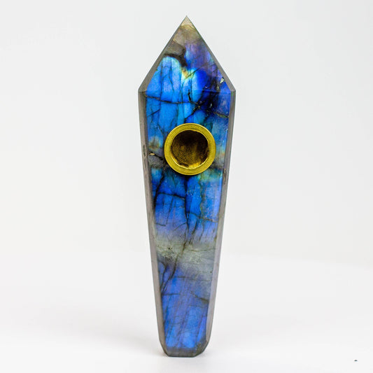 Acid Secs - Natural Labradorite FLASH Smoking Pipe with choke hole